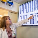 Nursing Administration Supervisor Susan Williams points at a list of current COVID patients at Providence Regional Medical Center on Friday, Sept. 22, 2023 in Everett, Washington. (Olivia Vanni / The Herald)