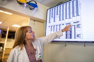 Nursing Administration Supervisor Susan Williams points at a list of current COVID patients at Providence Regional Medical Center on Friday, Sept. 22, 2023 in Everett, Washington. (Olivia Vanni / The Herald)