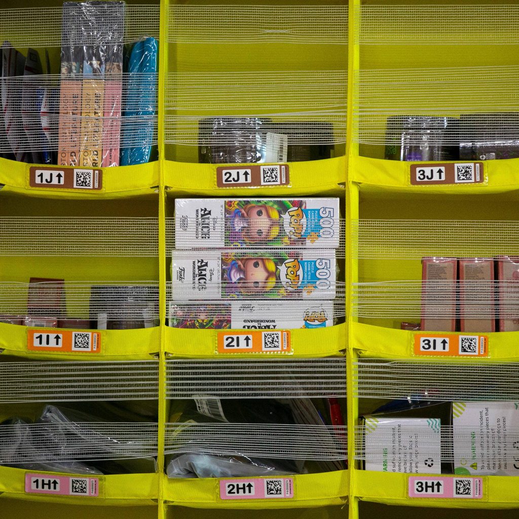 All sorts of items, including Funko merchandise, is transported around by robots at the new PAE2 Amazon Fulfillment Center on Thursday, Sept. 14, 2023, in Arlington, Washington. (Ryan Berry / The Herald)