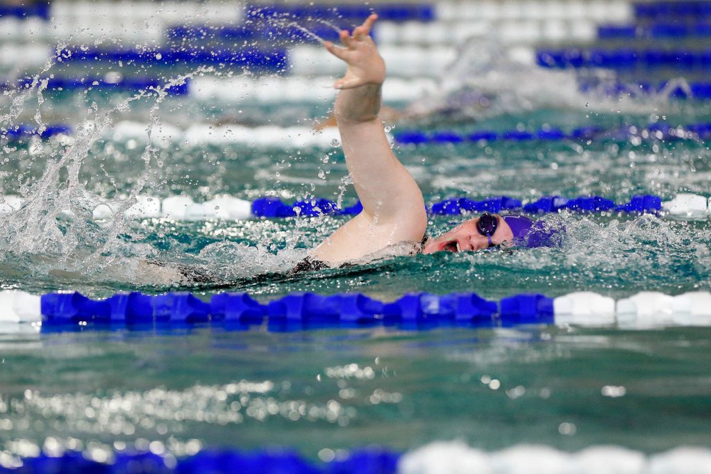 Lake Stevens sophomore Hannah Keith swims in thee 100 yard freestyle during an early season meet between Snohomish and Lake Stevens on Tuesday, Sept. 12, 2023, at the Snohomish Aquatic Center in Snohomish, Washington. (Ryan Berry / The Herald)