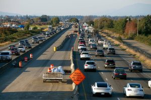 Evening rush hour traffic moves along I-5 on Thursday, Sept. 21, 2023, in Everett, Washington. (Ryan Berry / The Herald)