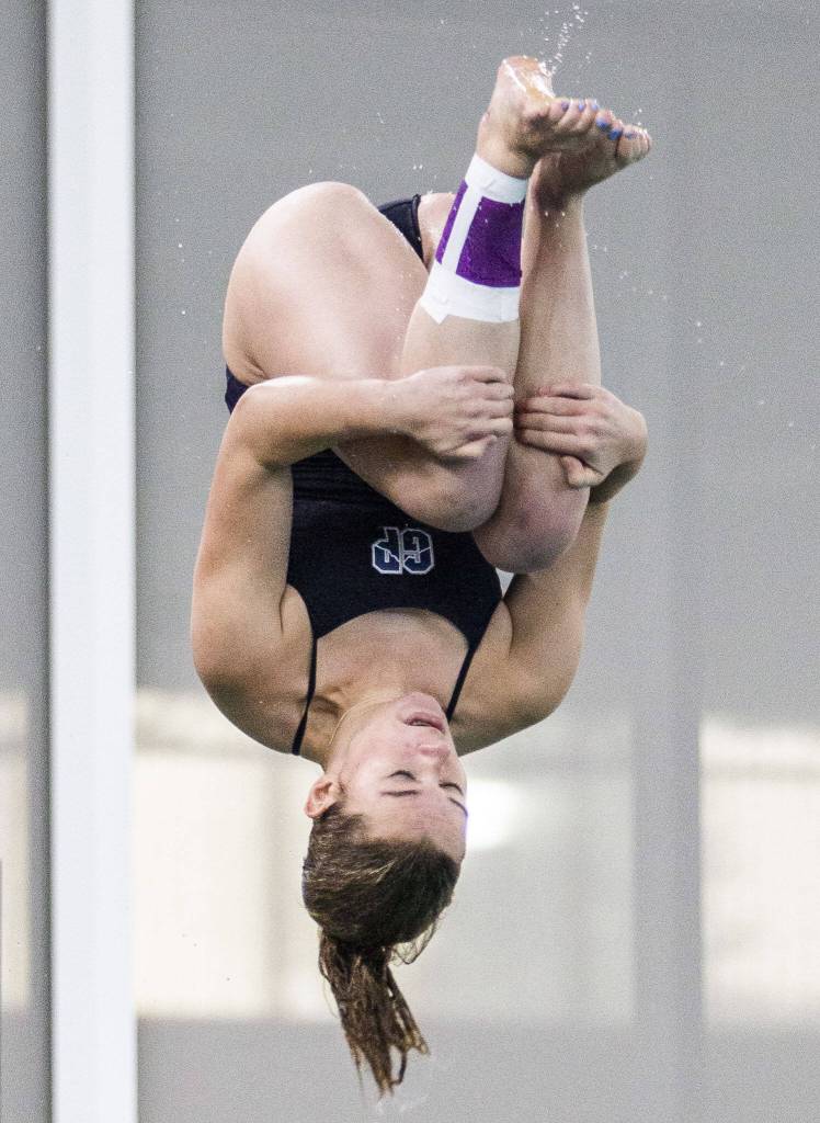 Glacier Peaks Addison Farman dives during a meet against Snohomish on Oct. 18, 2022, in Snohomish. (Olivia Vanni / The Herald)
Olivia Vanni / The Herald
Glacier Peaks Addison Farman dives during a meet against Snohomish on Oct. 18, 2022 at the Snohomish Aquatic Center.