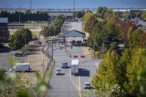 The Everett Naval Station on lockdown in Everett, Washington on Thursday, Sept. 14, 2023. (Annie Barker / The Herald)