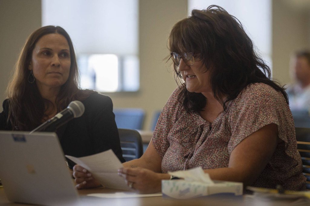 David Thompsons niece Dawn Robertson speaks during the sentencing of Diane Kay Thompson at Snohomish County Superior Court in Everett, Washington on Friday, Sept. 15, 2023. (Annie Barker / The Herald)