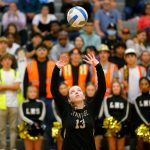 Lynnwood senior setter Charlie Thomas puts one up for a teammate against Jackson during a volleyball match Thursday, Sept. 14, 2023, at Lynnwood High School in Bothell, Washington. (Ryan Berry / The Herald)