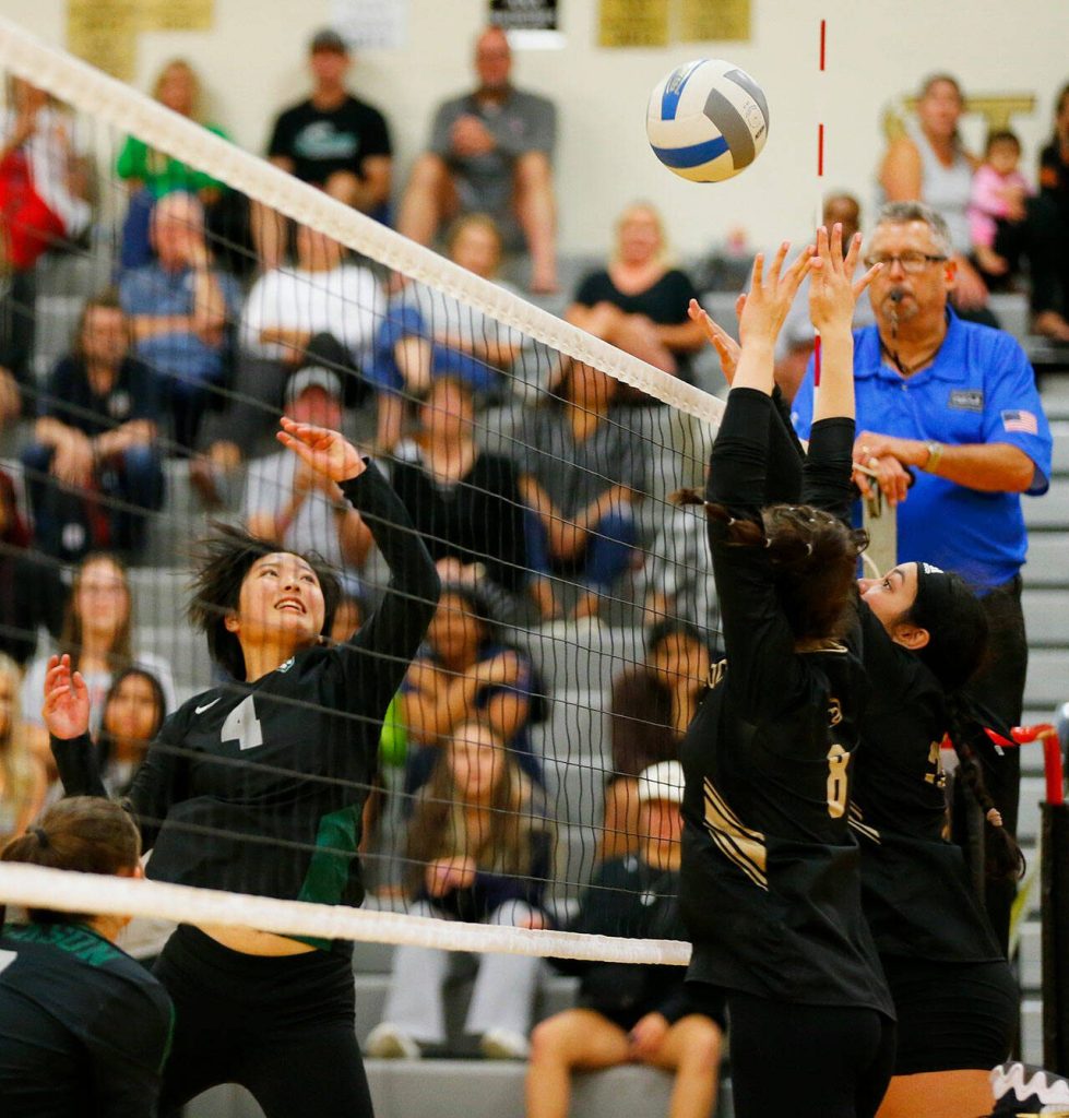 Jacksons Sakura Yokoo tips the ball over two Lynnwood blockers during a volleyball match Thursday, Sept. 14, 2023, at Lynnwood High School in Bothell, Washington. (Ryan Berry / The Herald)