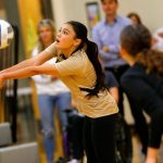 Lynnwood libero Jordyn Higa receives a serve against Jackson during a volleyball match Thursday, Sept. 14, 2023, at Lynnwood High School in Bothell, Washington. (Ryan Berry / The Herald)