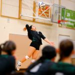 Jacksons Riley Sevilla serves the ball against Lynnwood during a volleyball match Thursday, Sept. 14, 2023, at Lynnwood High School in Bothell, Washington. (Ryan Berry / The Herald)