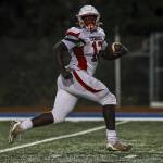 Mountlake Terraces Zaveon Jones breaks away during a football game between Mountlake Terrace and Shorewood at Shoreline Stadium in Shoreline on Friday. (Annie Barker / The Herald)