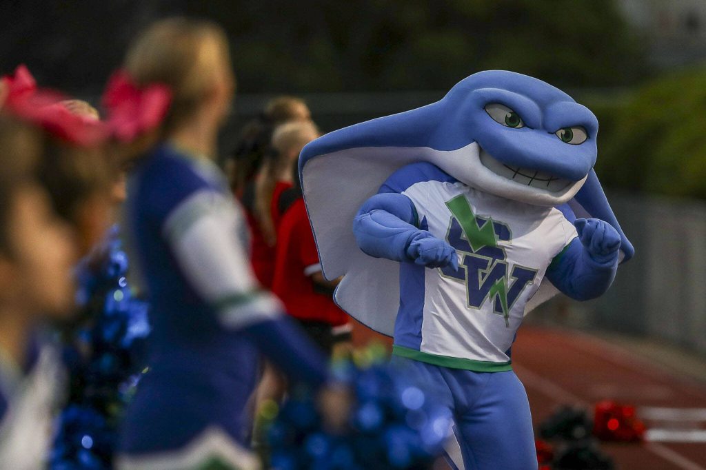 The Shorewood stormray mascot dances during a football game between Mountlake Terrace and Shorewood at Shoreline Stadium in Shoreline, Washington on Friday, Sept. 15, 2023. Mountlake Terrace won, 35-0. (Annie Barker / The Herald)