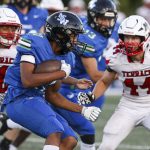 Shorewoods Francois Burn (27) moves with the ball during a football game between Mountlake Terrace and Shorewood at Shoreline Stadium in Shoreline, Washington on Friday, Sept. 15, 2023. Mountlake Terrace won, 35-0. (Annie Barker / The Herald)