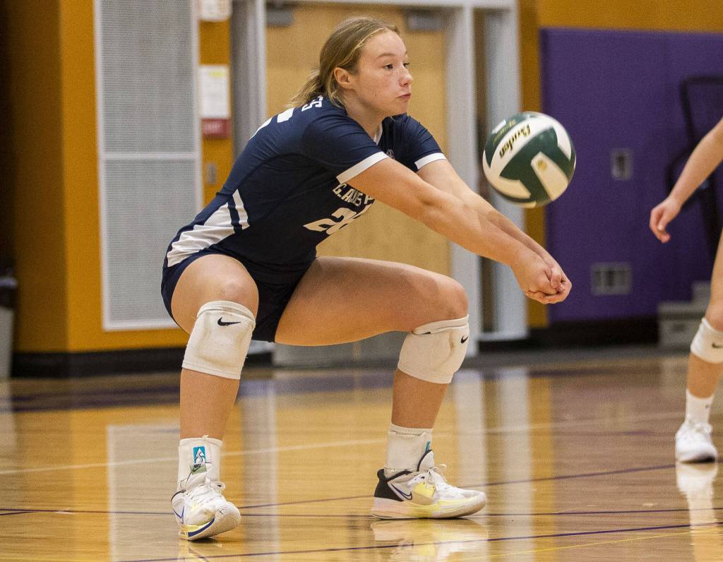 Glacier Peaks Ava Nowak digs the ball during a match against Lake Stevens on Oct. 11, 2022, in Lake Stevens. (Olivia Vanni / The Herald)