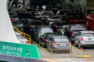 The Spokane leaves dock at the Edmonds Ferry Terminal Tuesday afternoon on July20,, 2021. (Kevin Clark / The Herald)