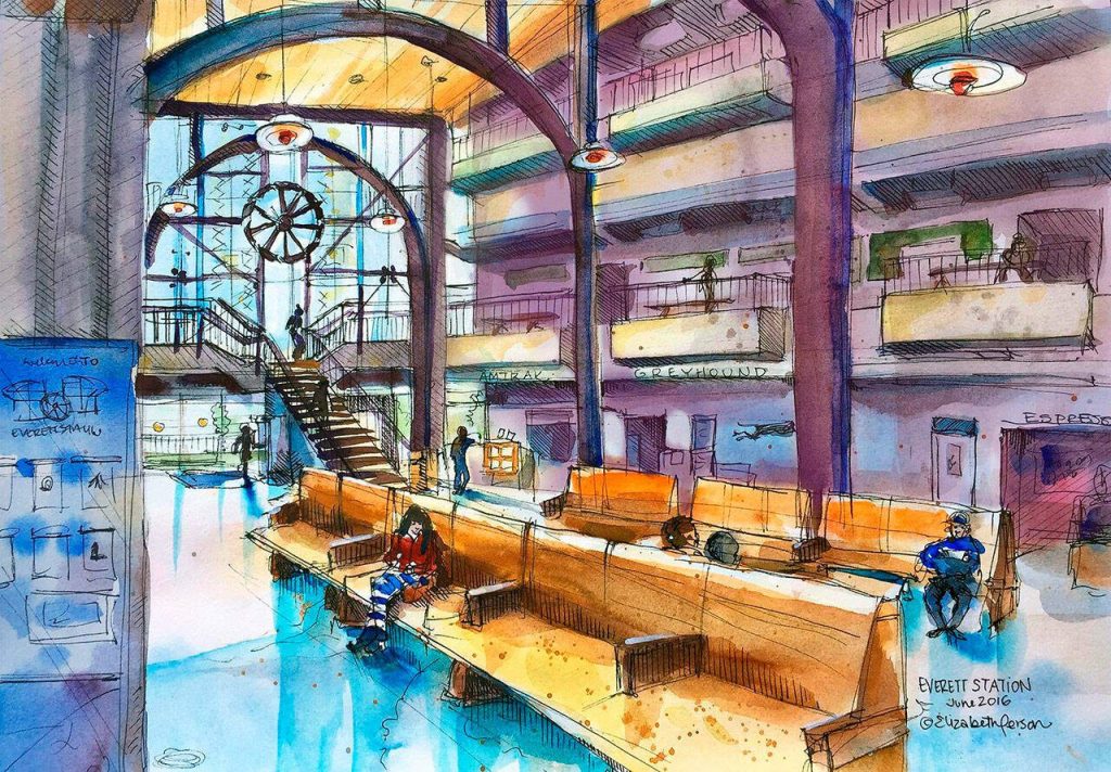 A sketch of Everett Station by artist Elizabeth Person. (Sketch by Elizabeth Person)