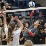 Stanwoods Zoey Halligan spikes the ball during the game against Arlington on Tuesday, Sept. 19, 2023 in Arlington, Washington. (Olivia Vanni / The Herald)