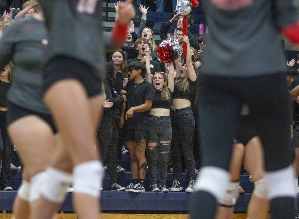 Stanwood fans react to a point during the game against Arlington on Tuesday, Sept. 19, 2023 in Arlington, Washington. (Olivia Vanni / The Herald)