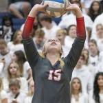 Stanwoods Eliot McDonald sets the ball during the game against Arlington on Tuesday, Sept. 19, 2023 in Arlington, Washington. (Olivia Vanni / The Herald)