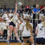 Arlingtons Melissa Hadley spikes the ball during the game against Arlington on Tuesday, Sept. 19, 2023 in Arlington, Washington. (Olivia Vanni / The Herald)