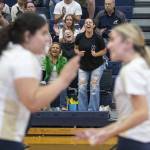 Alrington fans reacts to a point during the game against Stanwood on Tuesday, Sept. 19, 2023 in Arlington, Washington. (Olivia Vanni / The Herald)