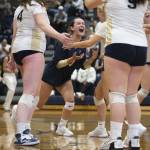 Arlingtons Savannah Roberts reacts to beating Stanwood on Tuesday, Sept. 19, 2023 in Arlington, Washington. (Olivia Vanni / The Herald)