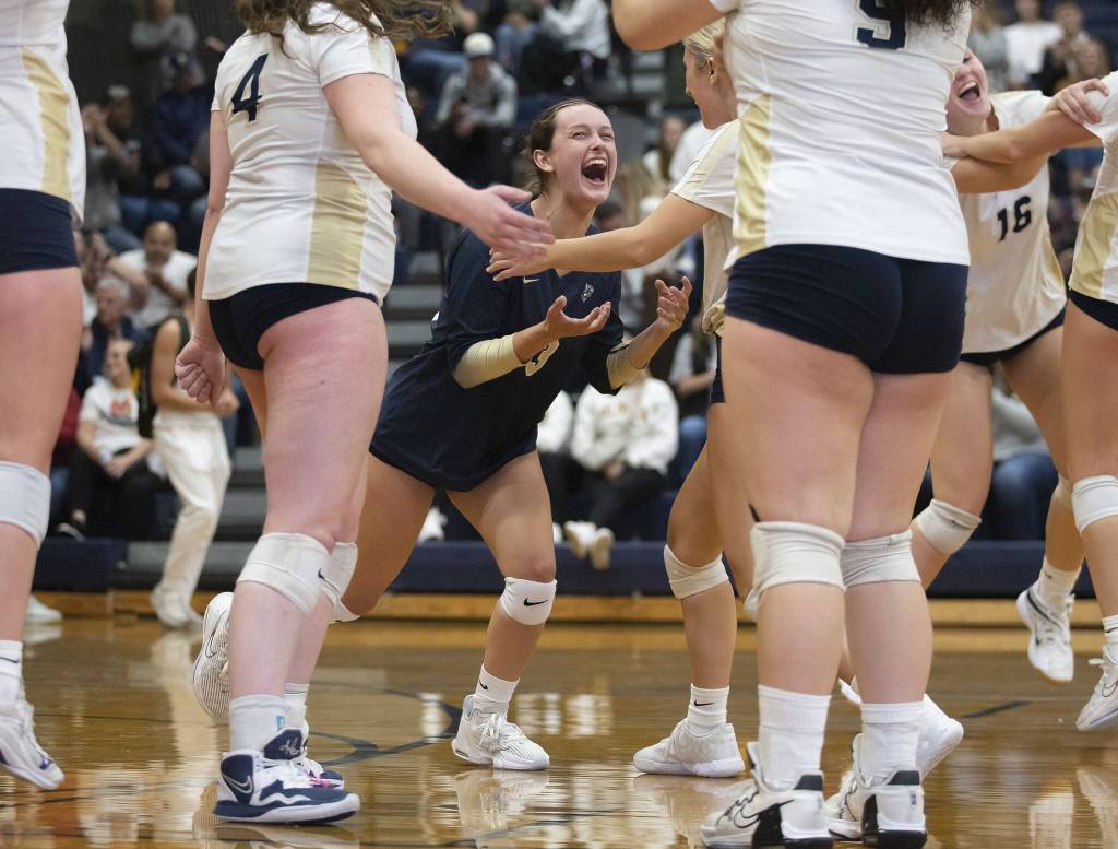 Arlingtons Savannah Roberts reacts to beating Stanwood on Tuesday, Sept. 19, 2023 in Arlington, Washington. (Olivia Vanni / The Herald)