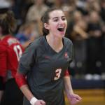 Stanwoods Cambrielle Brown reacts to a point during the game against Arlington on Tuesday, Sept. 19, 2023 in Arlington, Washington. (Olivia Vanni / The Herald)