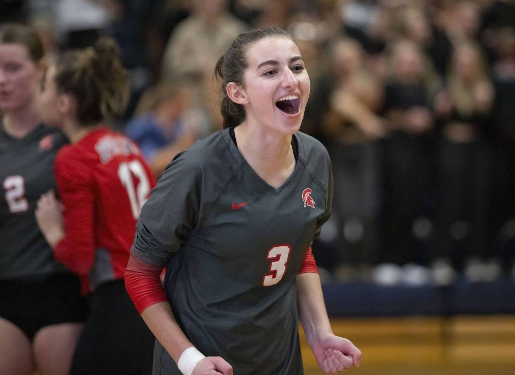 Stanwoods Cambrielle Brown reacts to a point during the game against Arlington on Tuesday, Sept. 19, 2023 in Arlington, Washington. (Olivia Vanni / The Herald)