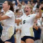 Arlington’s Emme Shaffer reacts to scoring point during the game against Stanwood on Tuesday, Sept. 19, 2023 in Arlington, Washington. (Olivia Vanni / The Herald)