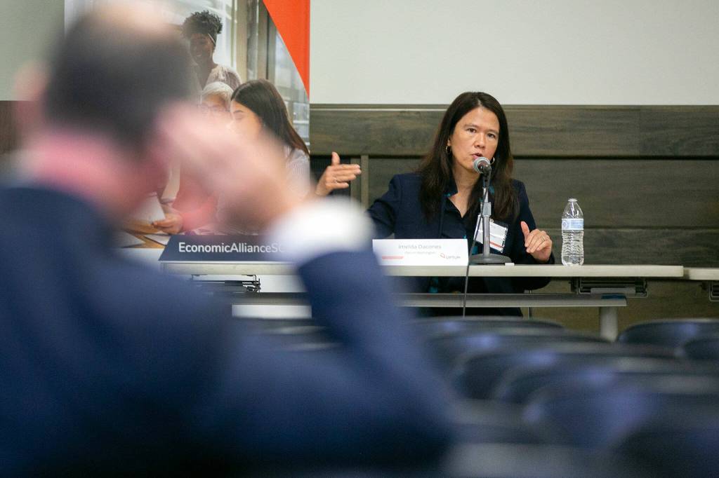 Imelda Dacones, President of Washington Optum Care, speaks during a Healthcare Summit at Everett Community College on Wednesday, Sept. 27, 2023, in Everett, Washington. (Ryan Berry / The Herald)