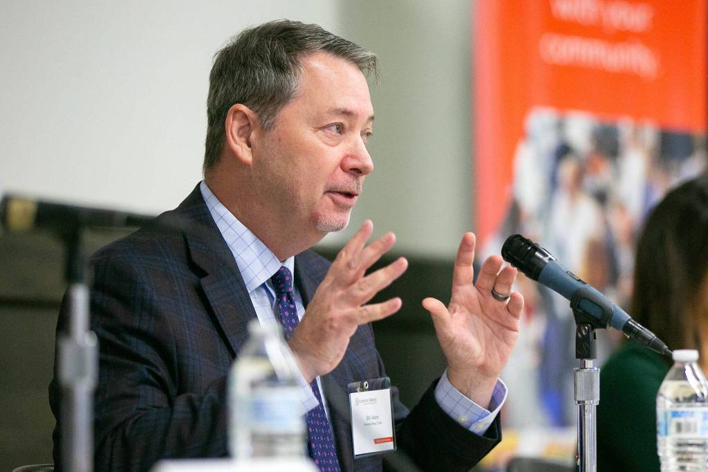 Bill Akers, Executive Vice President at Premera Blue Cross, speaks during a Healthcare Summit at Everett Community College on Wednesday, Sept. 27, 2023, in Everett, Washington. (Ryan Berry / The Herald)