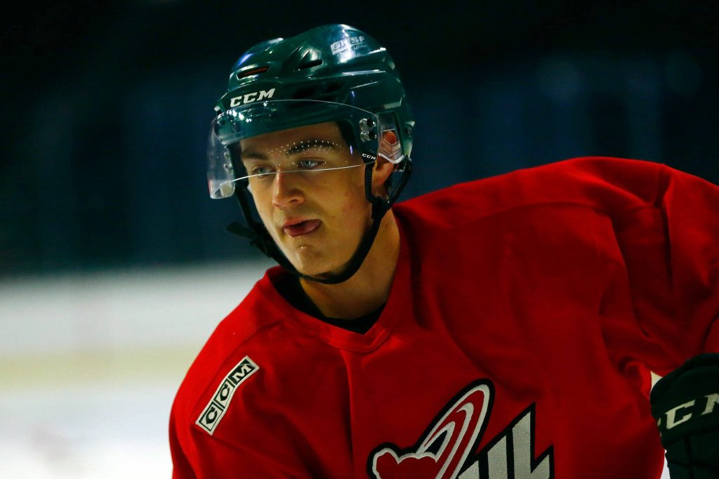 Austin Roest skates behind the net during the first day of Silvertips training camp on Thursday, August 31, 2023, at Angel of the Winds Arena in Everett, Washington. (Ryan Berry / The Herald)