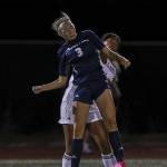 Glacier Peaks Ella Seelhoff (3) heads the ball during a girls soccer game between Glacier Peak and Lake Stevens at Glacier Peak High School in Snohomish, Washington on Thursday, Sept. 21, 2023. Lake Stevens won, 2-1. (Annie Barker / The Herald)