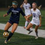 Glacier Peaks Katherine Burkholder (17) moves with the ball during a girls soccer game between Glacier Peak and Lake Stevens at Glacier Peak High School in Snohomish, Washington on Thursday, Sept. 21, 2023. Lake Stevens won, 2-1. (Annie Barker / The Herald)