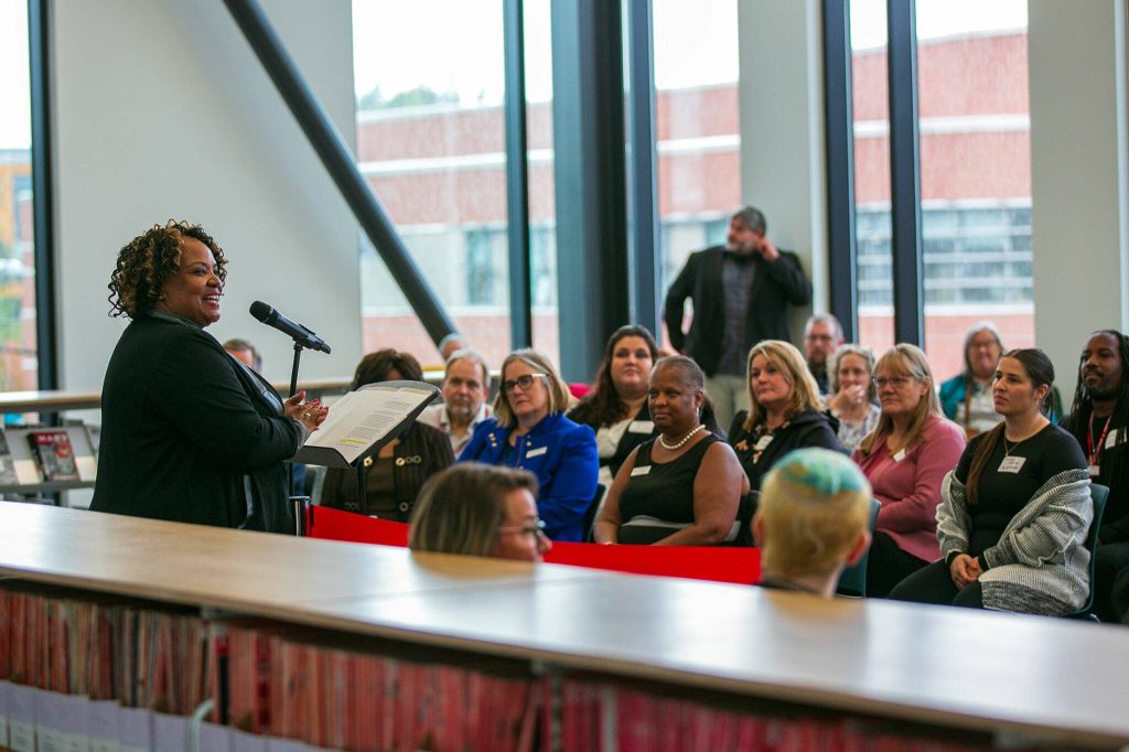 Everett Community College President Dr. Chemene Crawford speaks during the ribbon cutting ceremony of the new Cascade Learning Center on Thursday, Sept. 28, 2023, at Everett Community College in Everett, Washington. (Ryan Berry / The Herald)
