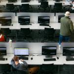Students work on the second flood prior to a ribbon cutting ceremony of the new Cascade Learning Center on Thursday, Sept. 28, 2023, at Everett Community College in Everett, Washington. (Ryan Berry / The Herald)