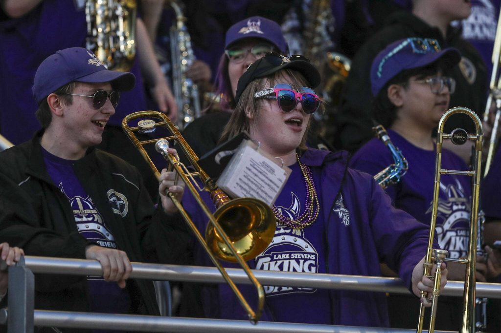 The Lake Stevens marching band performs during a football game between Lake Stevens and West Linn at Lake Stevens High School in Lake Stevens, Washington on Friday, Sept. 22, 2023. West Linn won, 49-30. (Annie Barker / The Herald)