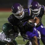 Lake Stevens’ Jayshon Limar (17) moves with the ball during a football game between Lake Stevens and West Linn at Lake Stevens High School in Lake Stevens, Washington on Friday, Sept. 22, 2023. West Linn won, 49-30. (Annie Barker / The Herald)