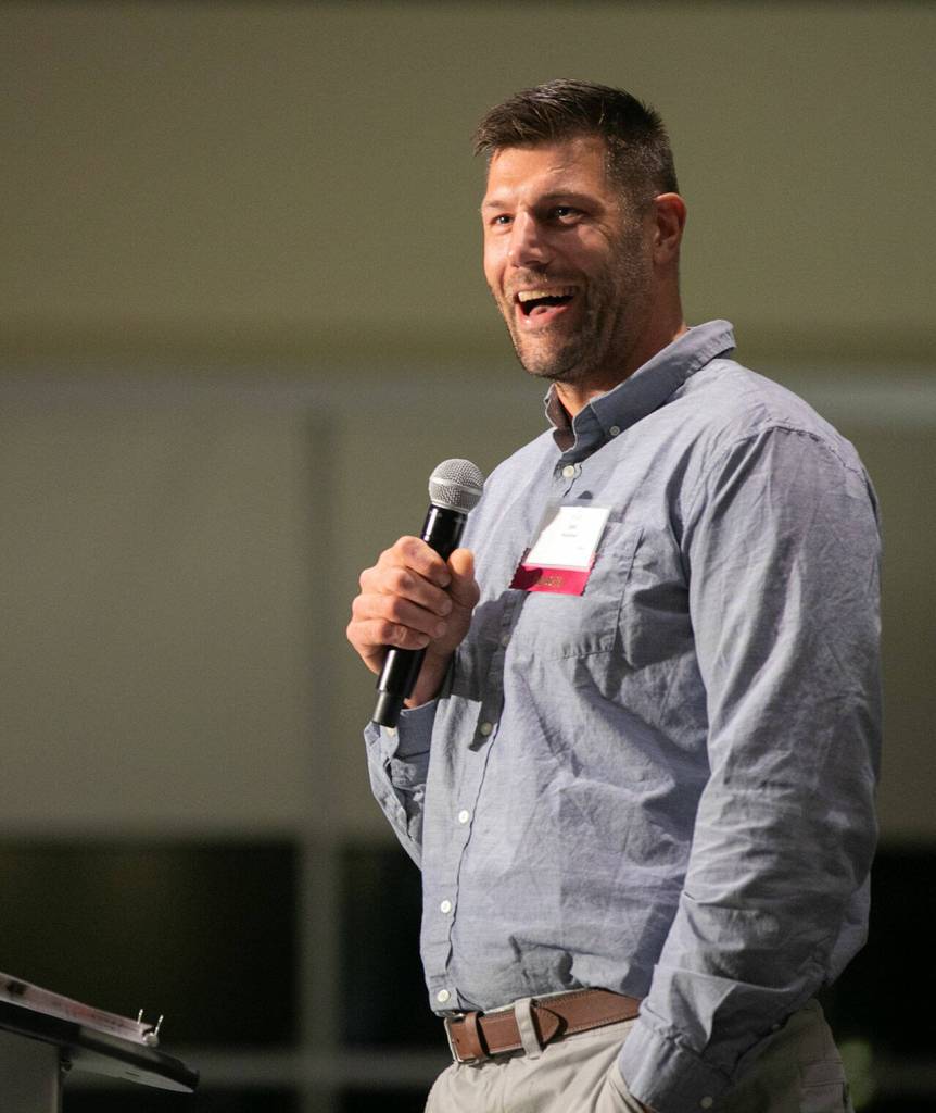 Hall of Fame inductee Jon Brockman addresses the audience during the 2023 Snohomish County Sports Hall of Fame Banquet on Wednesday, Sept. 27, 2023, at Angel of the Winds Arena in Everett, Washington. (Ryan Berry / The Herald)