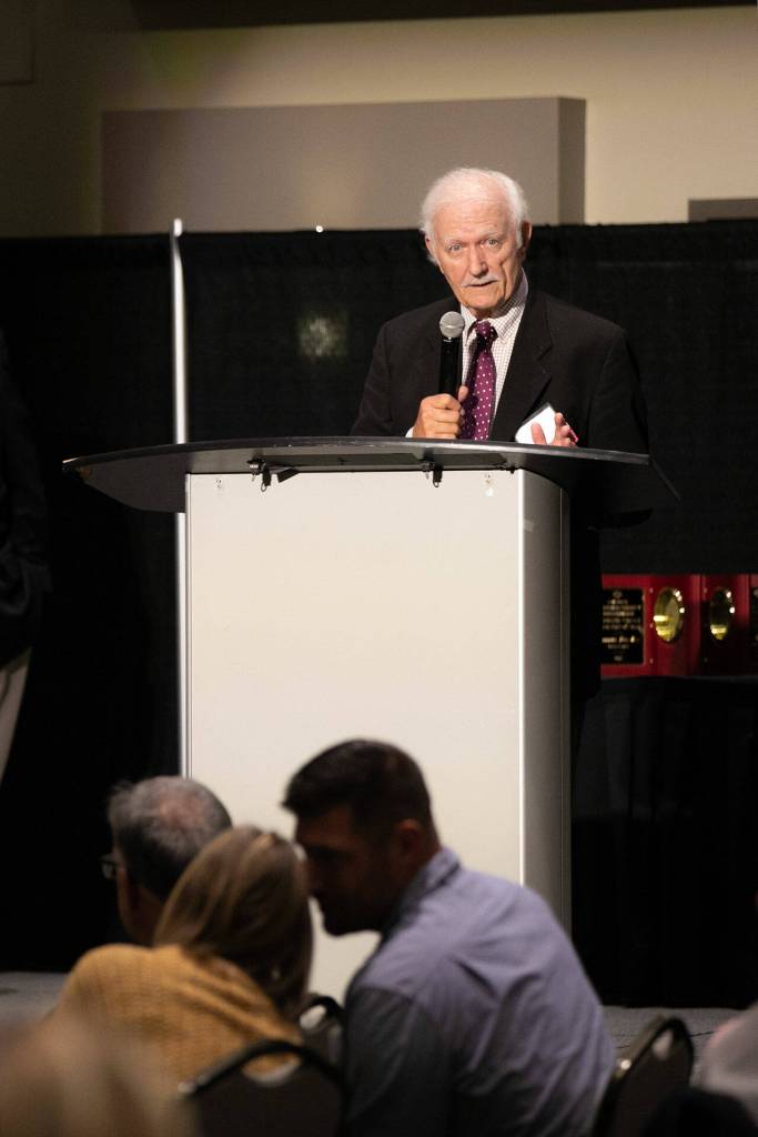 Hall of Fame inductee Rich Haldi accepts his award during the 2023 Snohomish County Sports Hall of Fame Banquet on Wednesday, Sept. 27, 2023, at Angel of the Winds Arena in Everett, Washington. (Ryan Berry / The Herald)