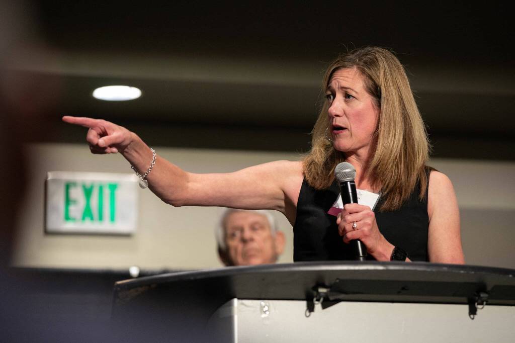 Hall of Fame inductee Erika Klein shouts out friends and family while accepting her award during the 2023 Snohomish County Sports Hall of Fame Banquet on Wednesday, Sept. 27, 2023, at Angel of the Winds Arena in Everett, Washington. (Ryan Berry / The Herald)
