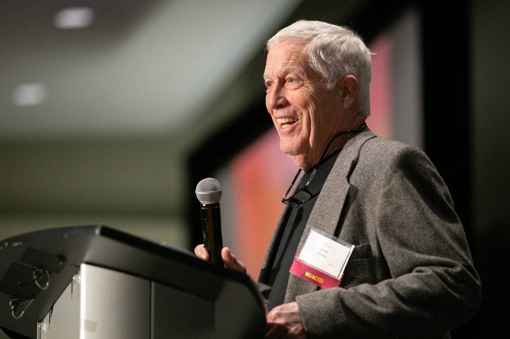 Hall of Fame inductee John Casebeer cracks a joke while accepting his award during the 2023 Snohomish County Sports Hall of Fame Banquet on Wednesday, Sept. 27, 2023, at Angel of the Winds Arena in Everett, Washington. (Ryan Berry / The Herald)