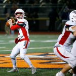 Mountlake Terrace quarterback Matthew Meadows makes a short completion against Monroe on Friday, Sept. 29, 2023, at Monroe High School in Monroe, Washington. (Ryan Berry / The Herald)