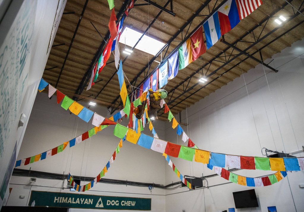 Inside the Himalayan Dog Chew break room where flags of of the counties their employees are from hag from the ceiling on Thursday, Sept. 21, 2023 in Arlington, Washington. (Olivia Vanni / The Herald)