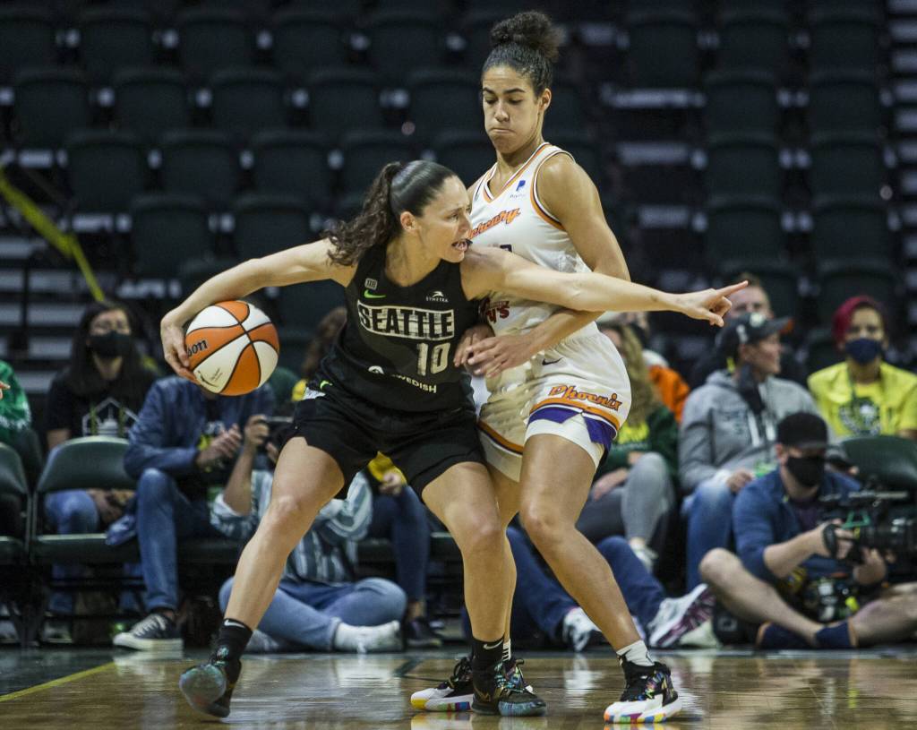 Seattle Storms Sue Bird yells out a play during the second round single elimination playoff game against Phoenix Mercury at Angel of the Winds Arena on Sunday, Sept. 26, 2021 in Everett, Washington. (Olivia Vanni / The Herald)