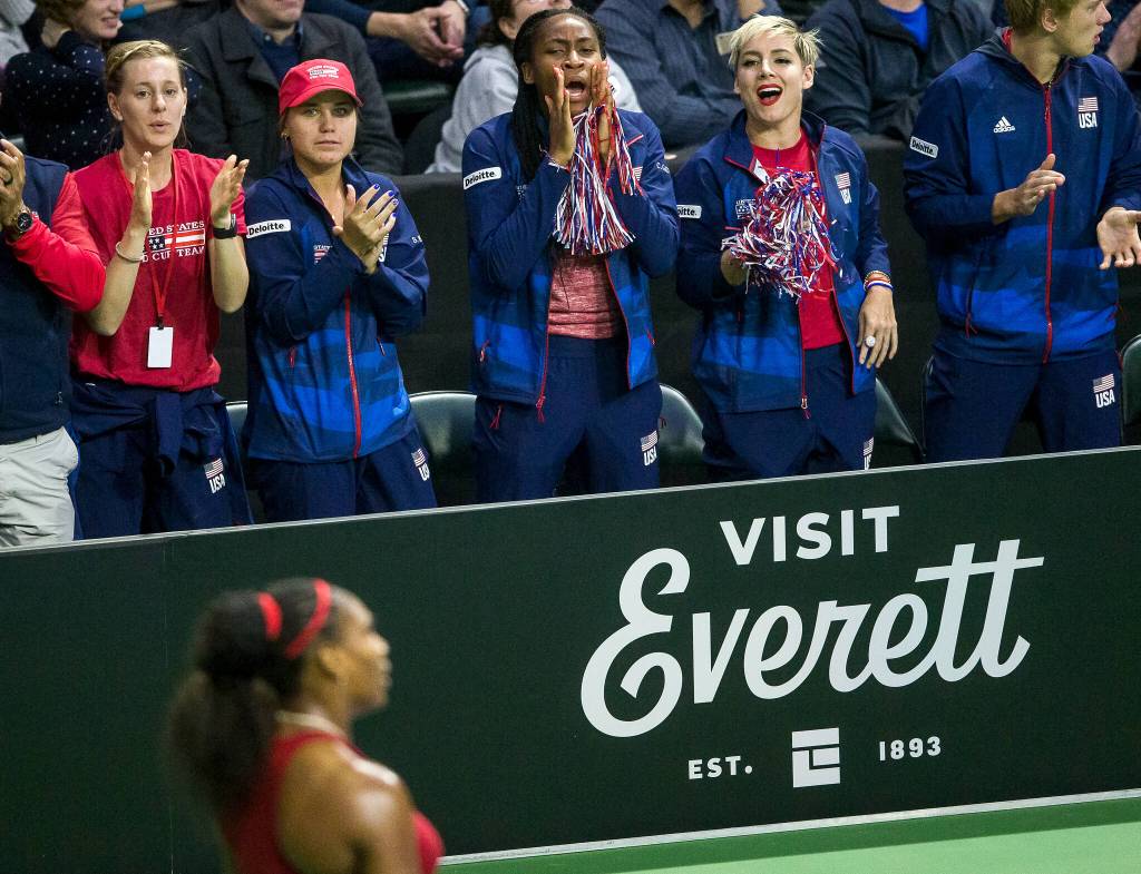 Team USA, including current 2023 Women’s US Open champion Coco Gauff, cheers on Serena Williams from their seats during the Fed Cup at Angel of the Winds Arena on Friday, Feb. 7, 2020 in Everett, Wash. (Olivia Vanni / The Herald)