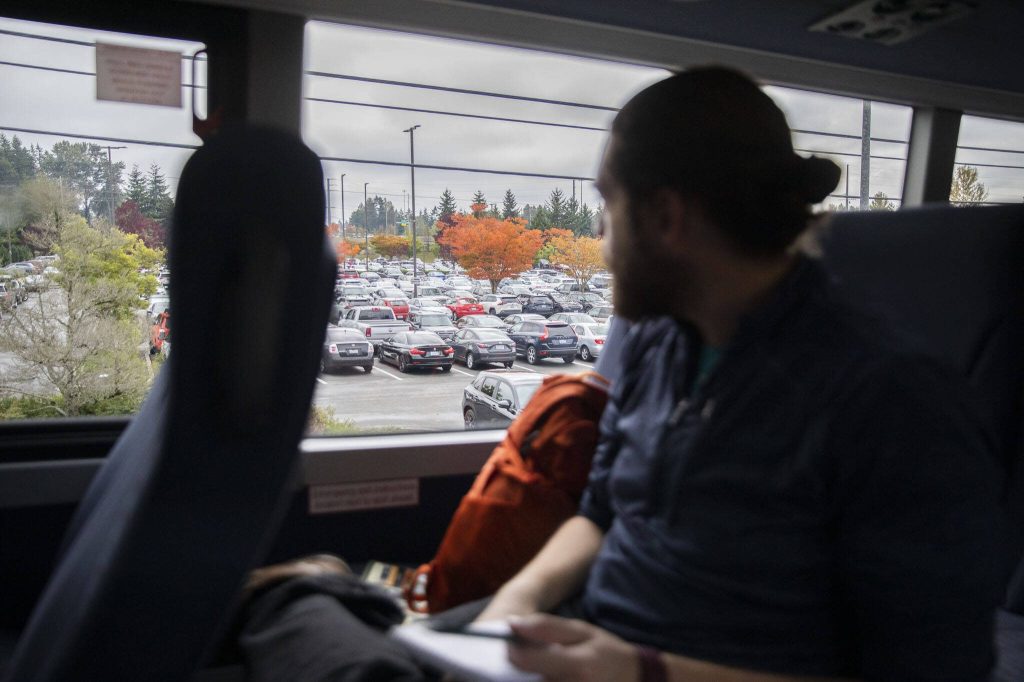 The 512 bus pulls into the Ash Way Park and Ride on Wednesday, Oct. 4, 2023 in Everett, Washington. (Olivia Vanni / The Herald)