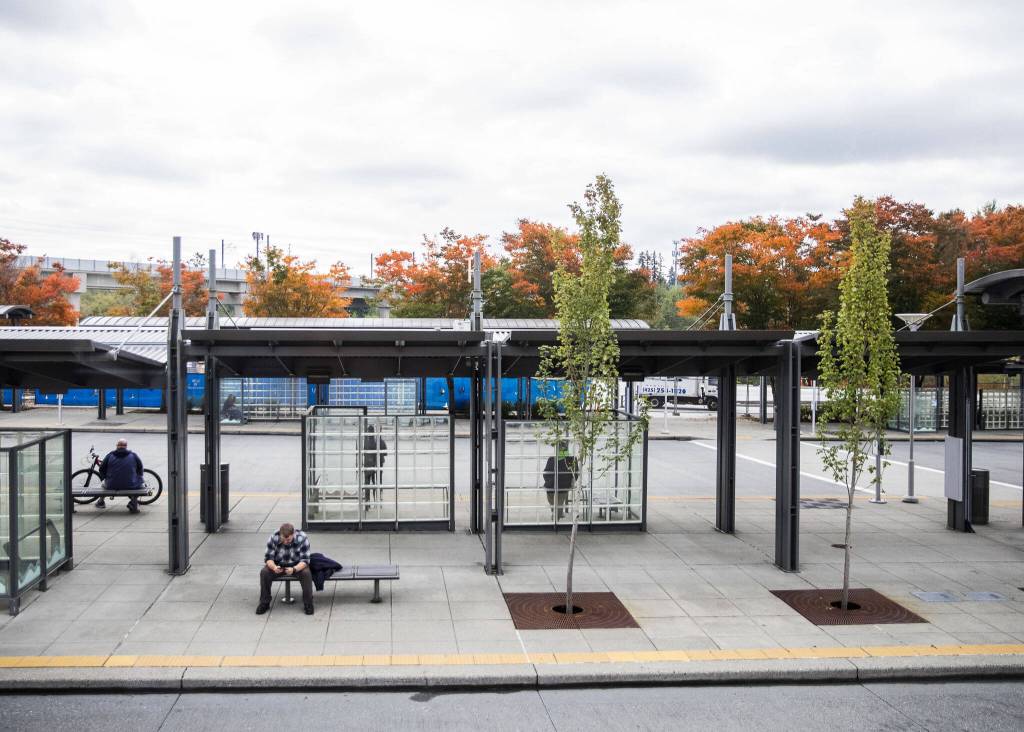 People wait for different busses at the Lynnwood Transit Center on Wednesday, Oct. 4, 2023 in Lynnwood, Washington. (Olivia Vanni / The Herald)
