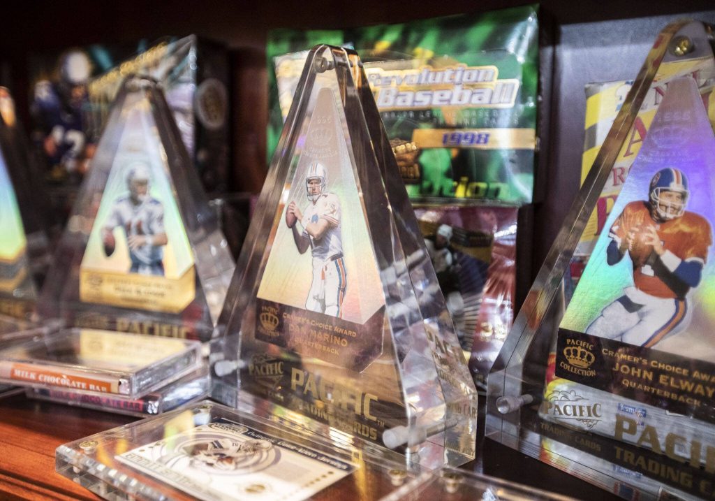 A selection of different NFL Cramers Choice football cards. (Olivia Vanni / The Herald)