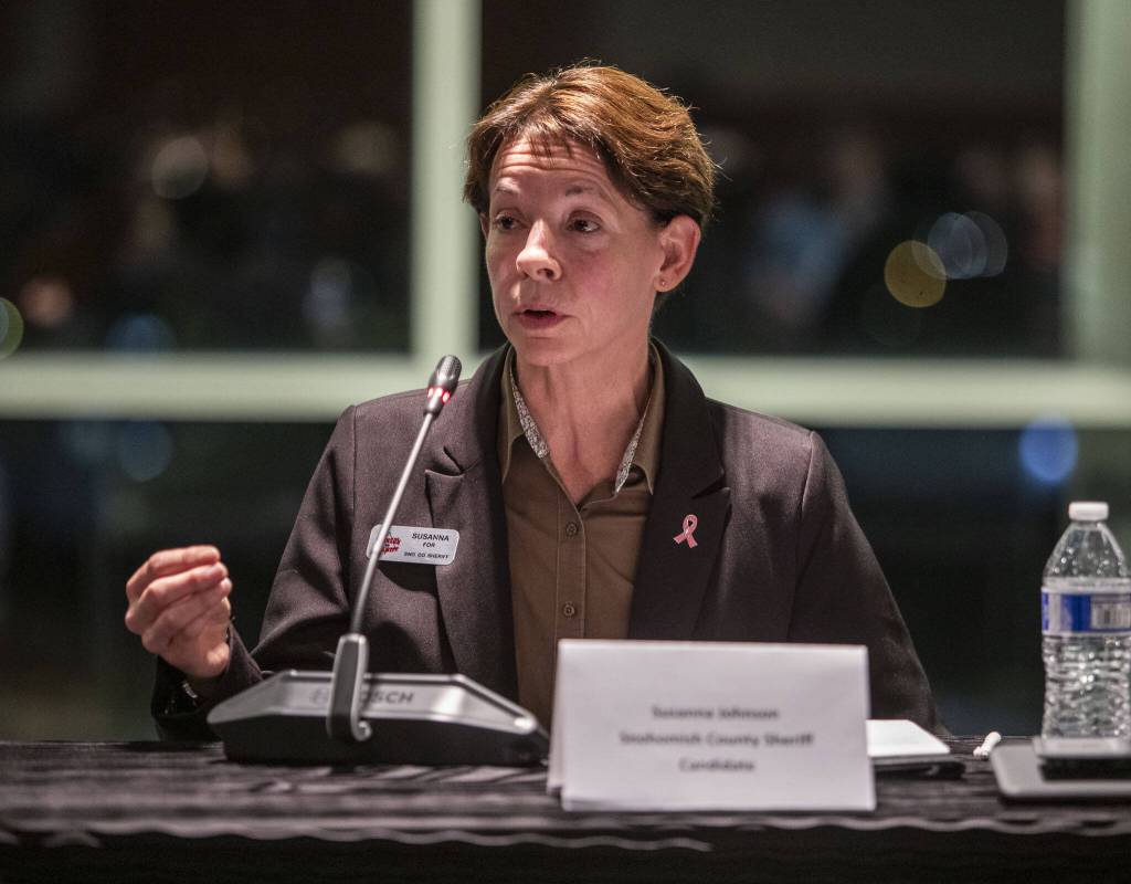 Snohomish County Sheriff candidate Susanna Johnson during an Everett Council of Neighborhoods forum on Monday, Oct. 16, 2023 in Everett, Washington. (Olivia Vanni / The Herald)