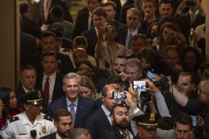 Rep. Kevin McCarthy, R-Calif., leaves the House floor after being ousted as Speaker of the House at the Capitol in Washington, Tuesday, Oct. 3, 2023. (AP Photo/Mark Schiefelbein)